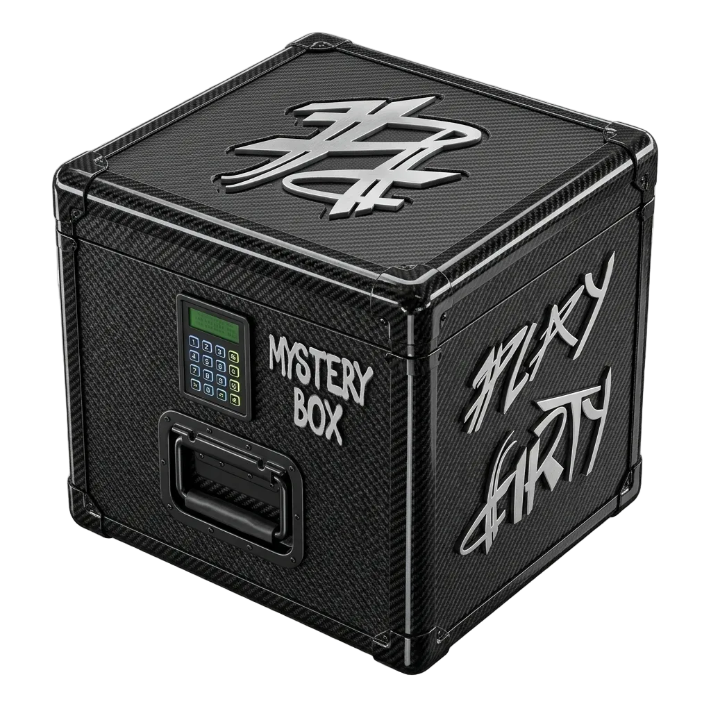 Black mystery box with digital display and text on a transparent background