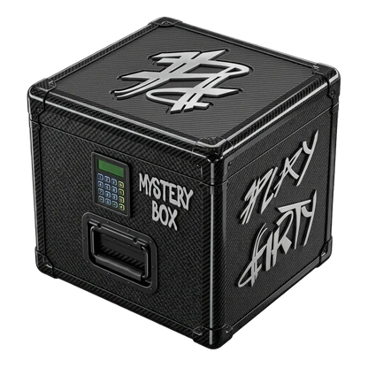 Black mystery box with digital display and text on a transparent background