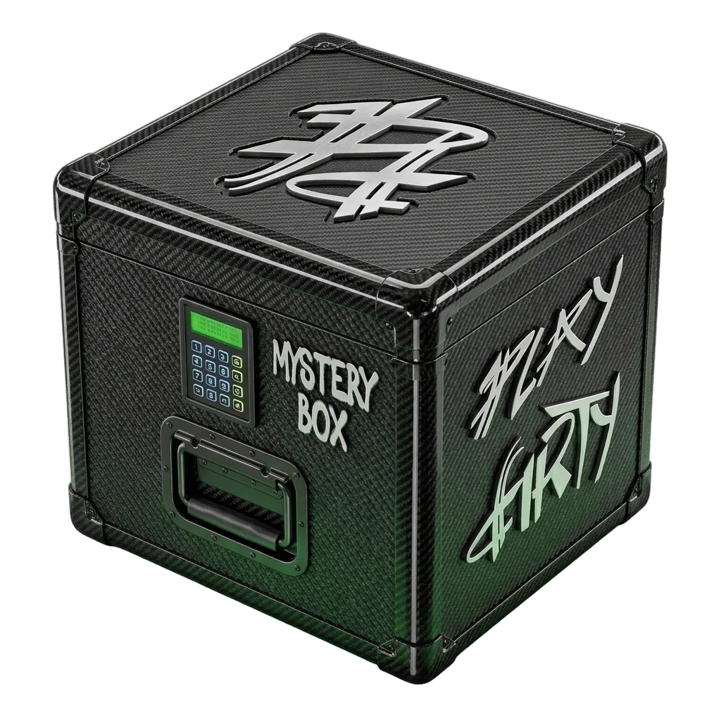 Black mystery box with digital display and text on a gray background