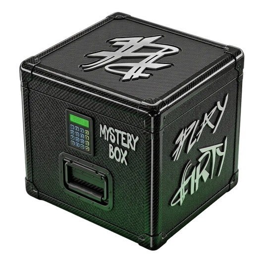 Black mystery box with digital display and text on a gray background