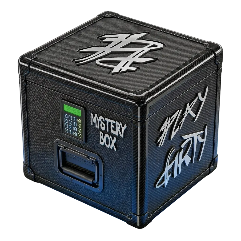 Black mystery box with digital display and text on a white background