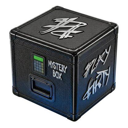 Black mystery box with digital display and text on a white background
