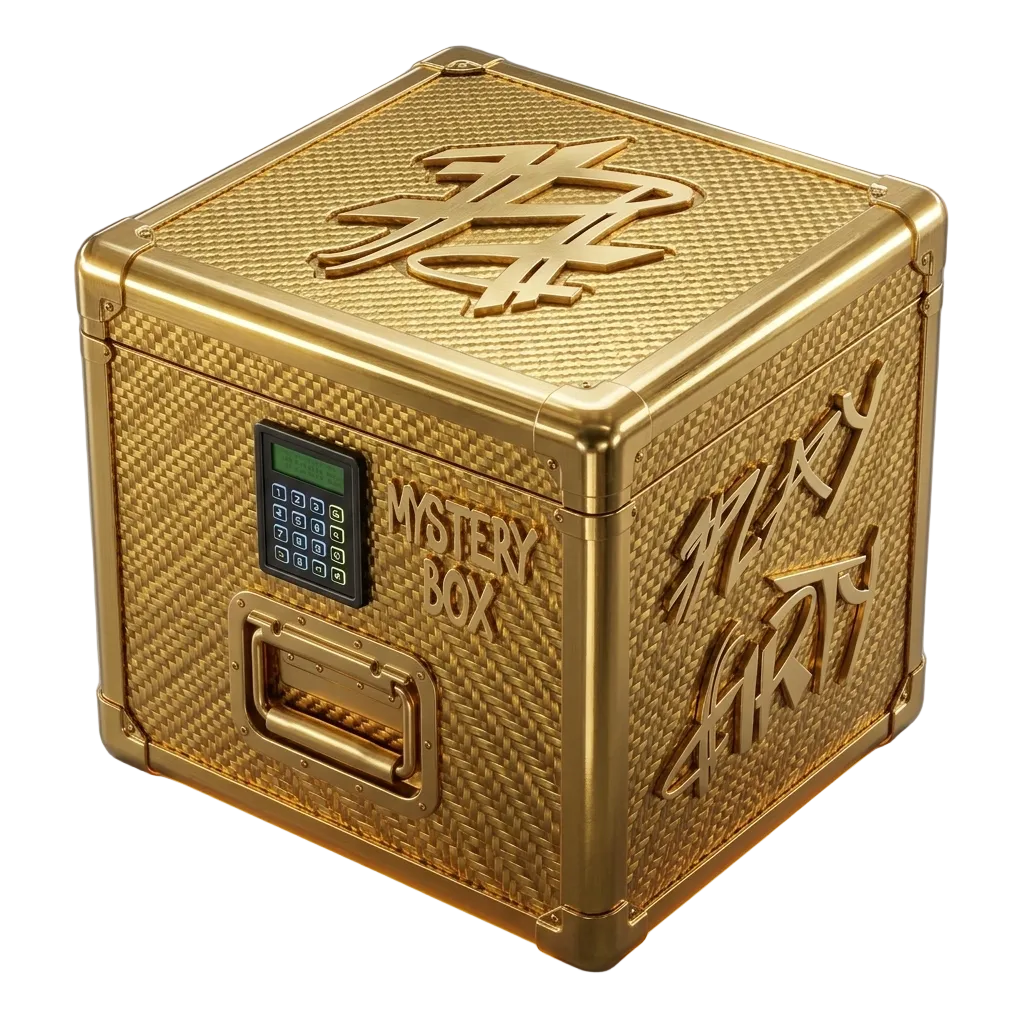 Gold mystery box with digital display on a gray background