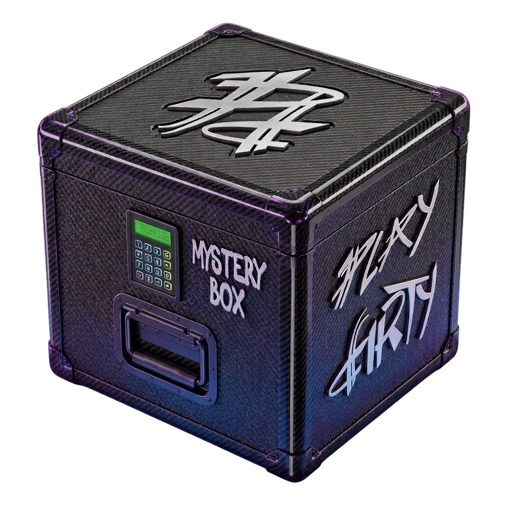 Black mystery box with digital display and text on a gradient background