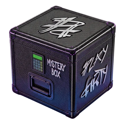 Black mystery box with digital display and text on a gradient background