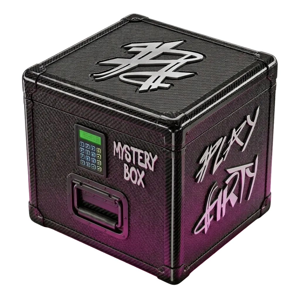 Black mystery box with digital display and text on a gradient background