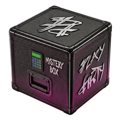 Black mystery box with digital display and text on a gradient background